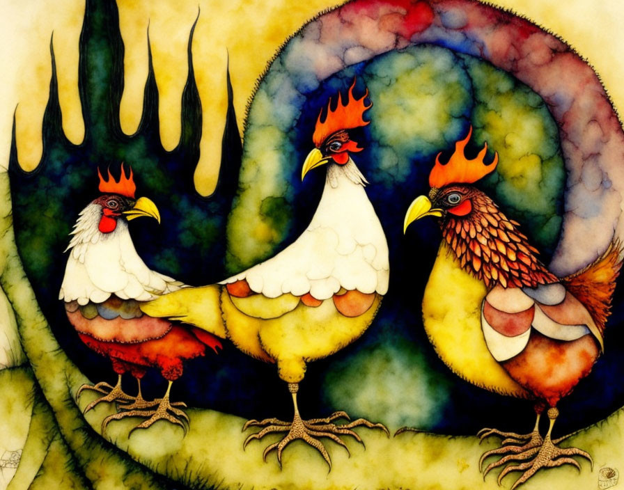 Colorful painting of three roosters in vibrant patterns on abstract background