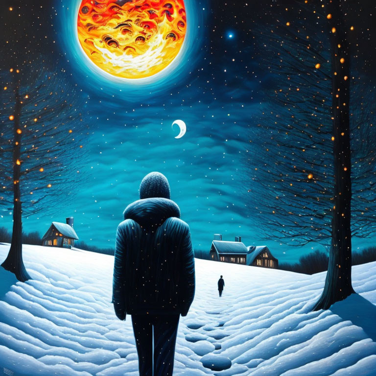 Person admires surreal fiery planet in snowy night landscape.