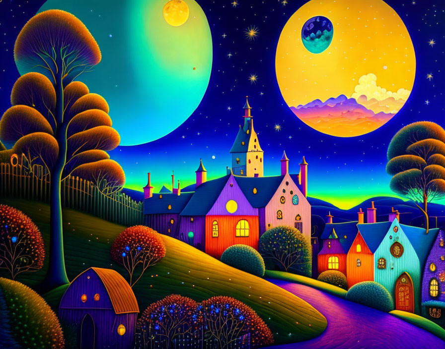 Colorful Village Nighttime Scene with Two Moons, Stars, Castle