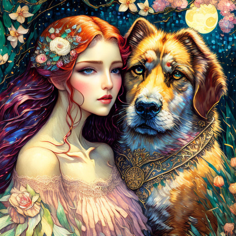 Illustration of woman with red hair and flowers with attentive dog in moonlit floral setting