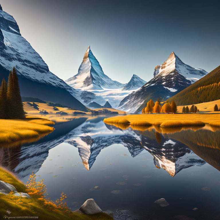 Reflective lake surrounded by sharp mountains and golden grass under clear sky