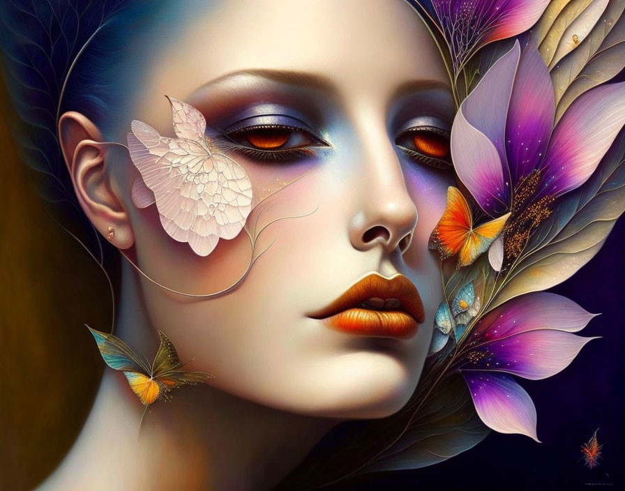 Surreal digital artwork: Woman's face with flowers, butterflies, and bird mask