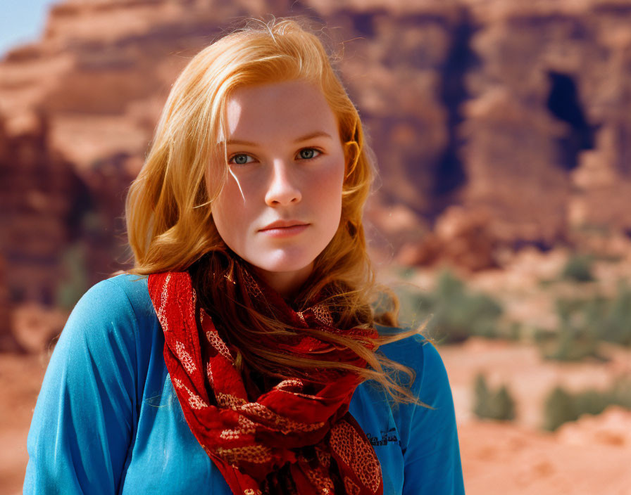 Red-haired woman in blue top and red scarf against desert backdrop