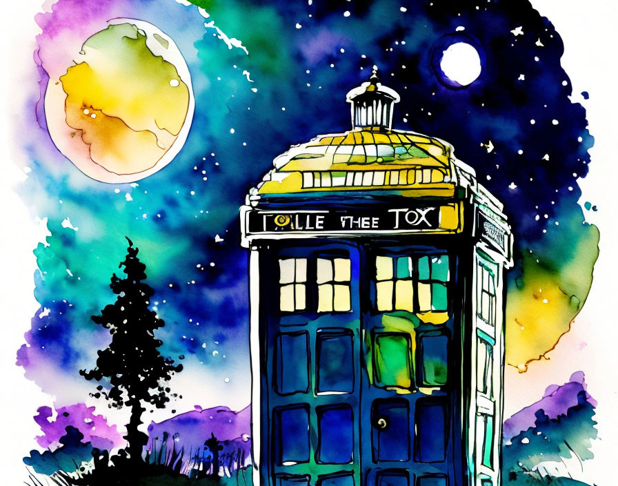 Vibrant sci-fi scene: blue police box under starry night sky