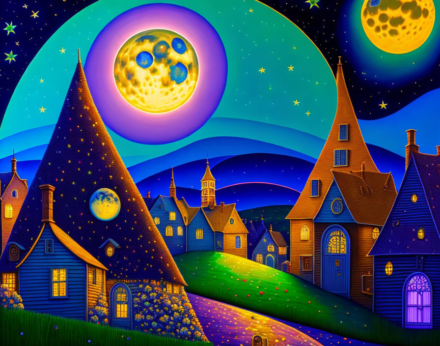 Colorful village painting with moon and stars at night