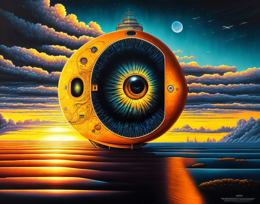 Eye-shaped spaceship over vivid seascape with sun, clouds, and distant moon