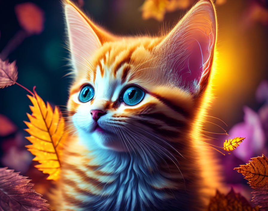 Colorful Illustration of Orange Tabby Kitten with Blue Eyes among Autumn Leaves