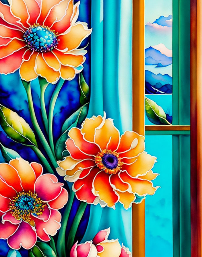 Colorful Flowers in Stained Glass Style with Mountainous Landscape