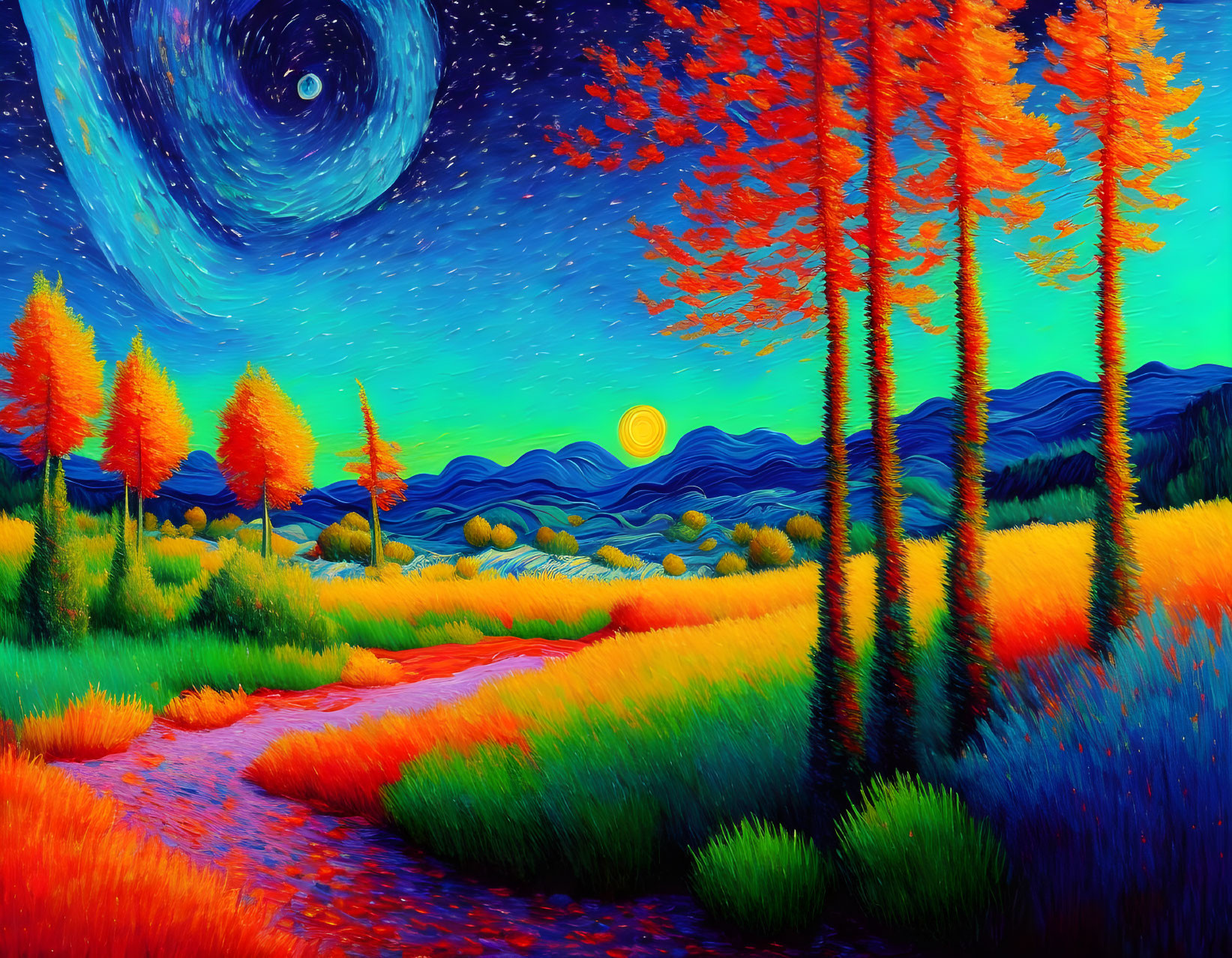 Colorful landscape painting: swirling night sky, stars, orange trees, blue mountains, winding river