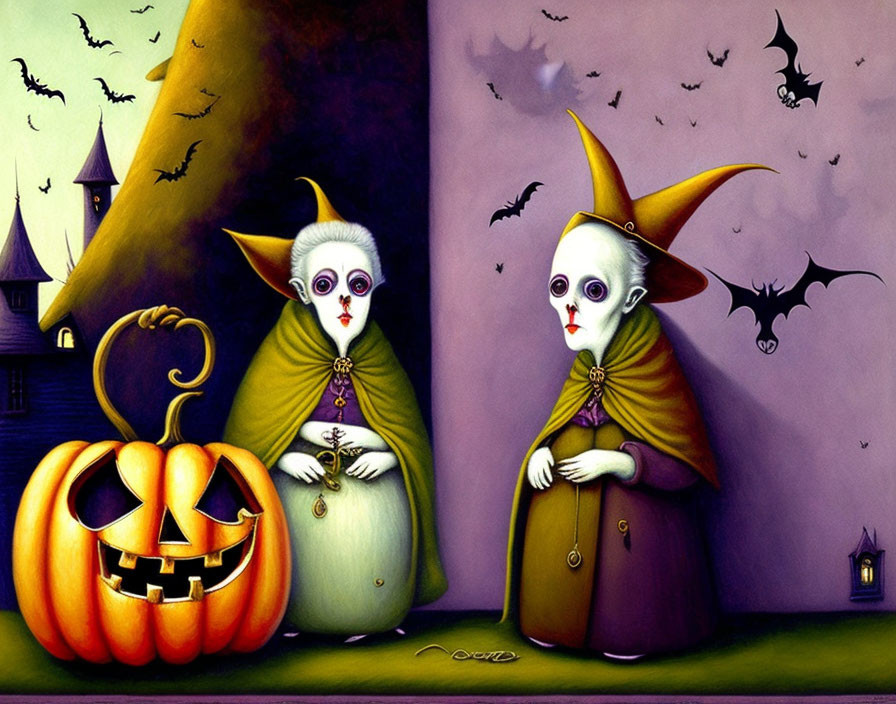 Stylized witches with pumpkin under twilight sky & bats