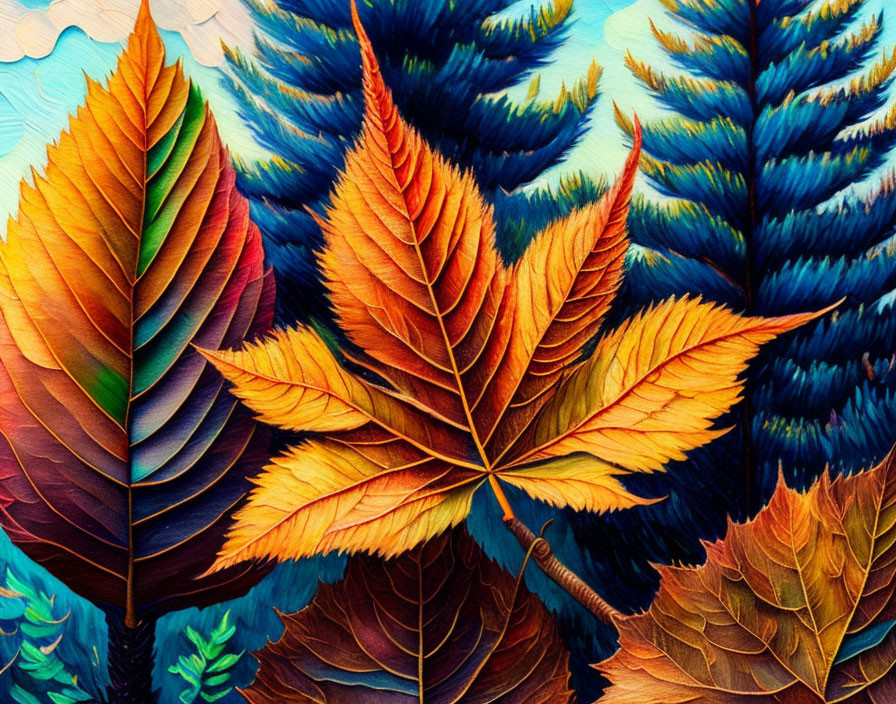 Colorful Autumn Leaves with Intricate Vein Patterns