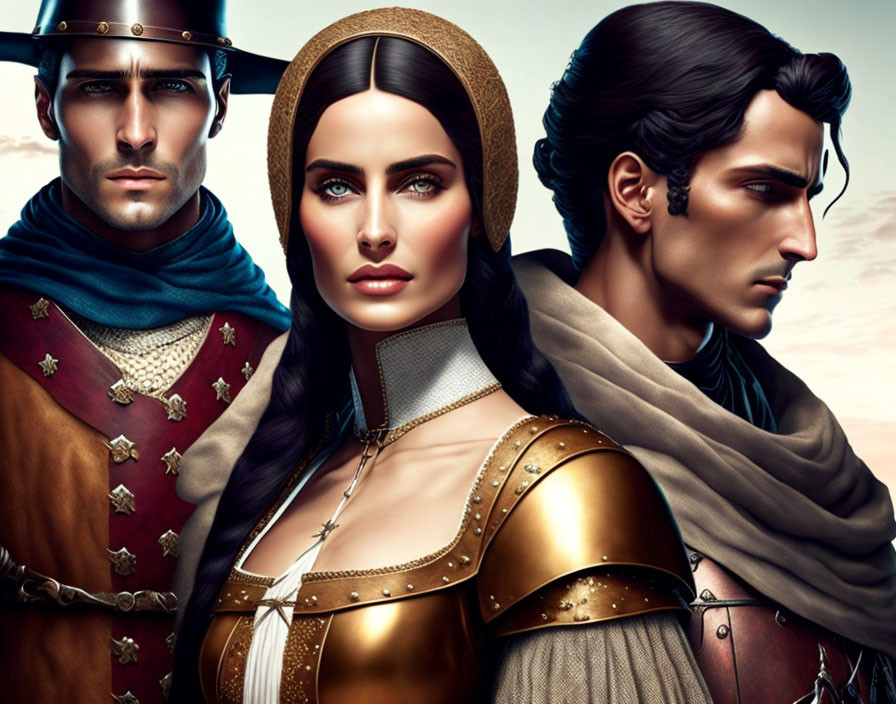 Stylized medieval characters with intense expressions in rich colors