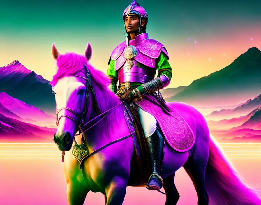 Colorful warrior on white horse in neon-lit mountains.