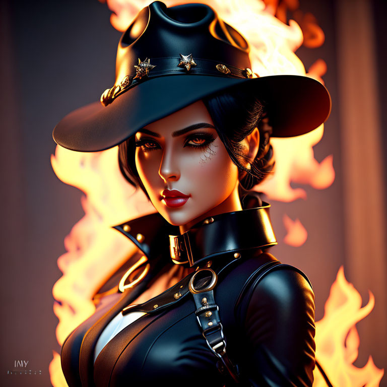 Digital artwork: Woman in wide-brimmed hat, black outfit, metal details, against flame backdrop