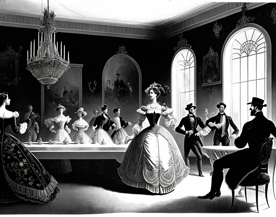 Black-and-White Ballroom Scene with Woman in Large Gown and Onlookers in Period Att