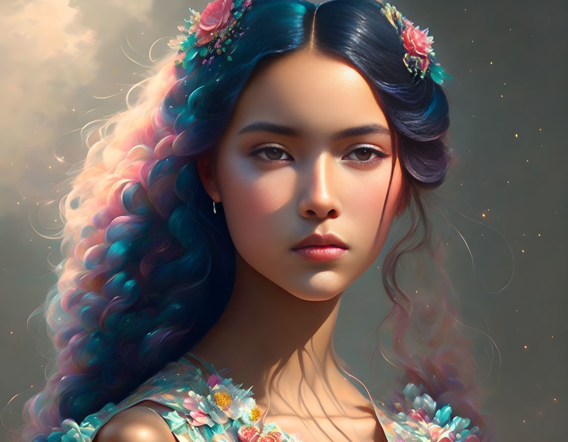 Ethereal portrait of woman with pastel rainbow hair and flowers