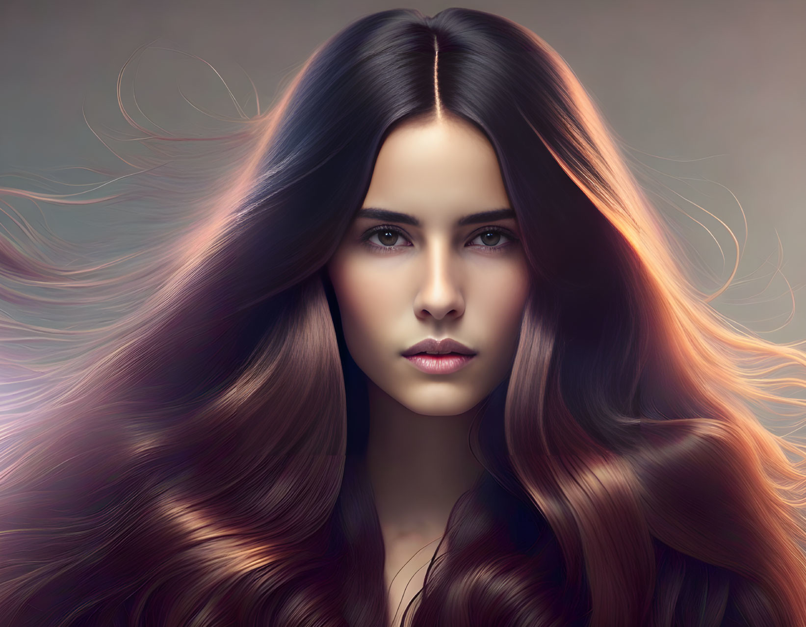 Long-haired woman with piercing eyes on soft-focus background