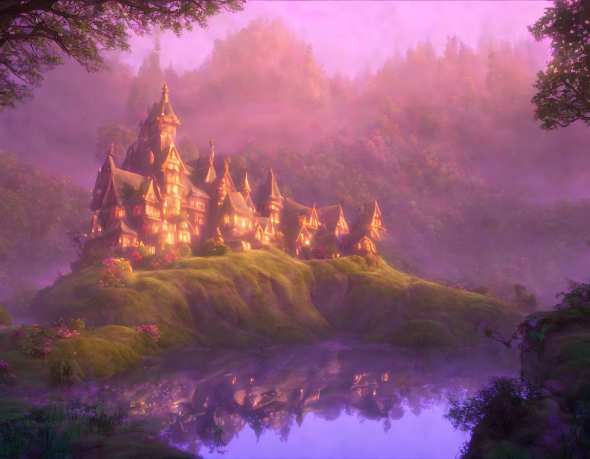 Majestic castle on lush hill with purple hues reflected in tranquil lake at misty dawn