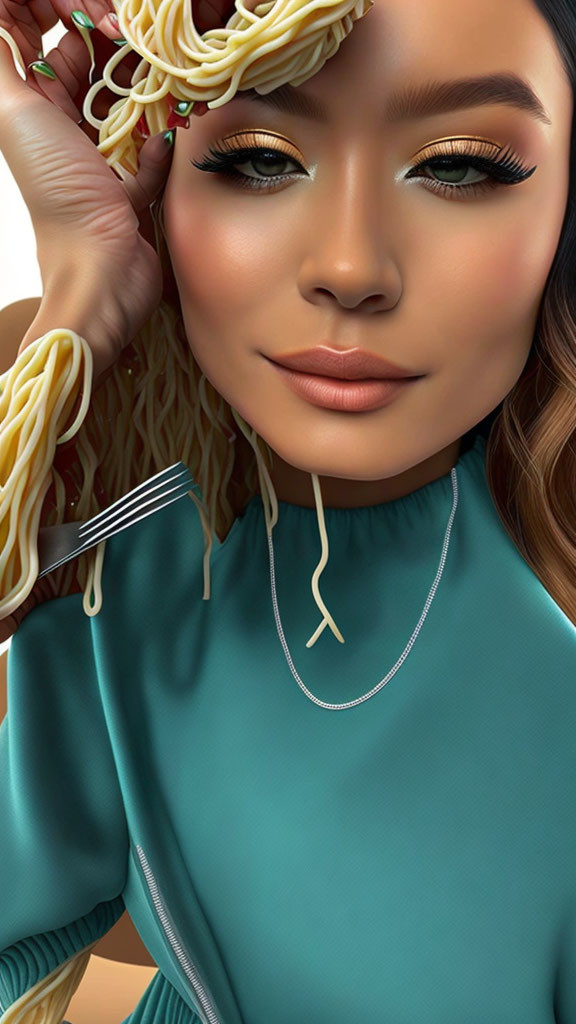 Woman with long eyelashes and teal top has noodles on her head as hair strands