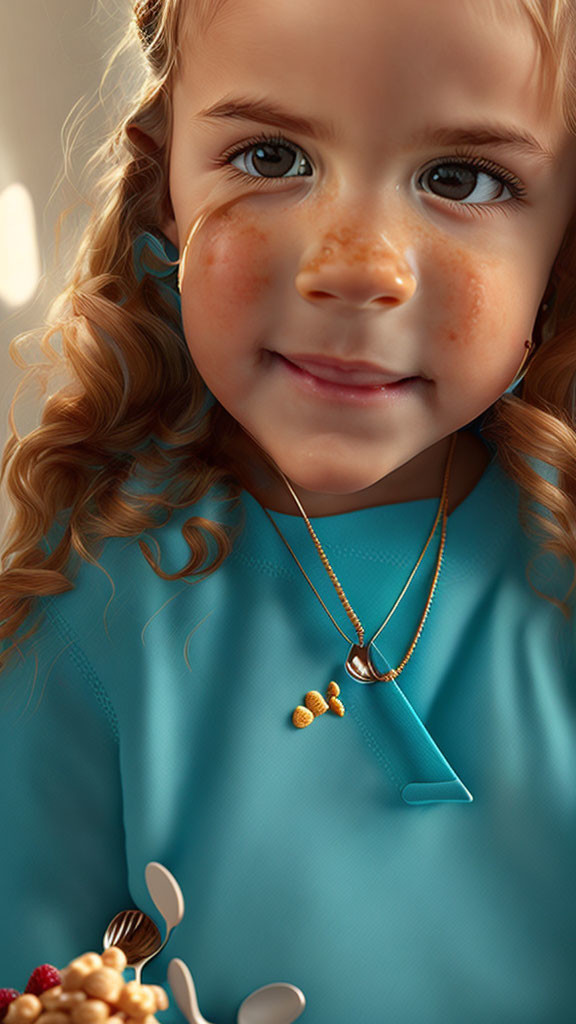 Young girl with curly hair and freckles in blue shirt gazes at plate of food