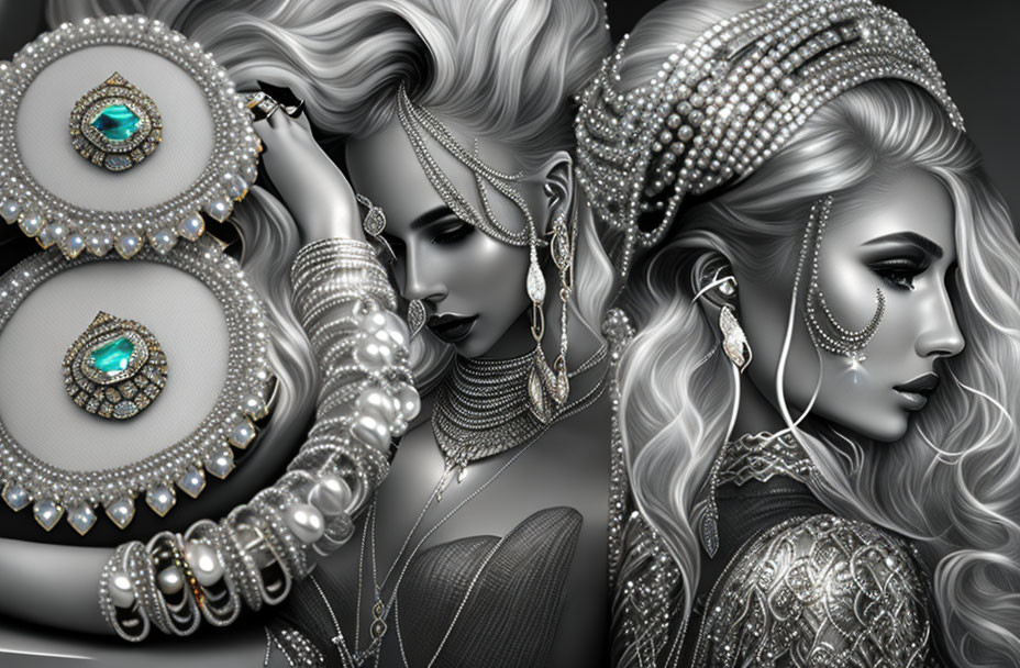 Monochrome artistic illustrations of women in intricate jewelry.