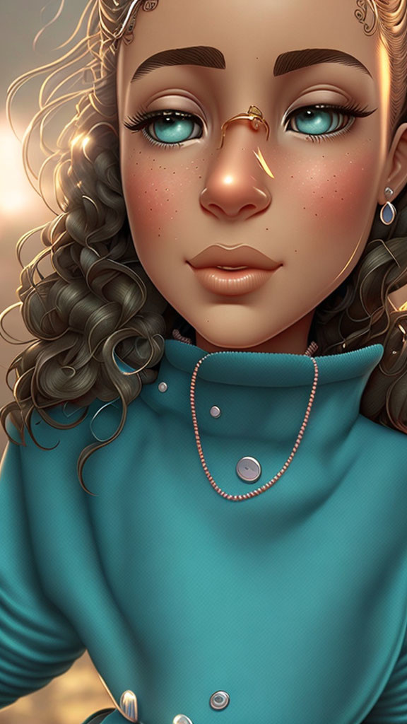 Detailed illustration of female character with curly hair in blue turtleneck and nose chain