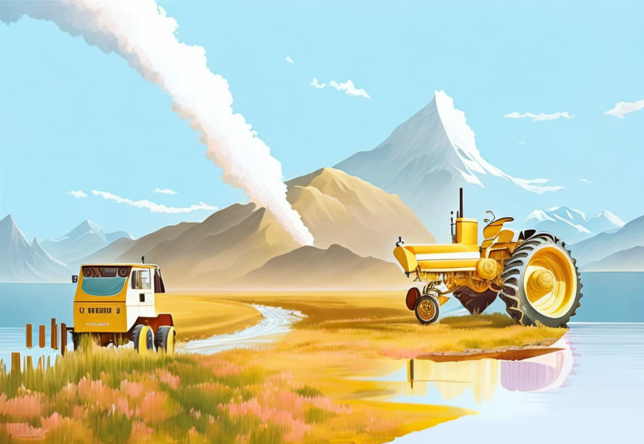 Vintage tractor by lake with mountains and rocket launch in clear sky