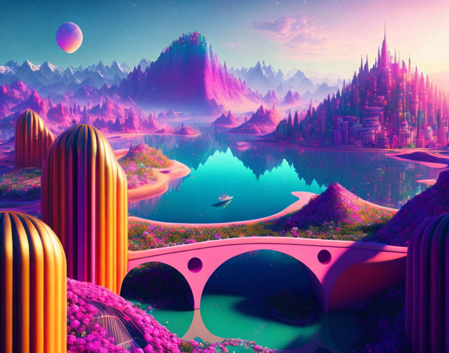 Neon-colored cityscape near mountains and lake under purple sky