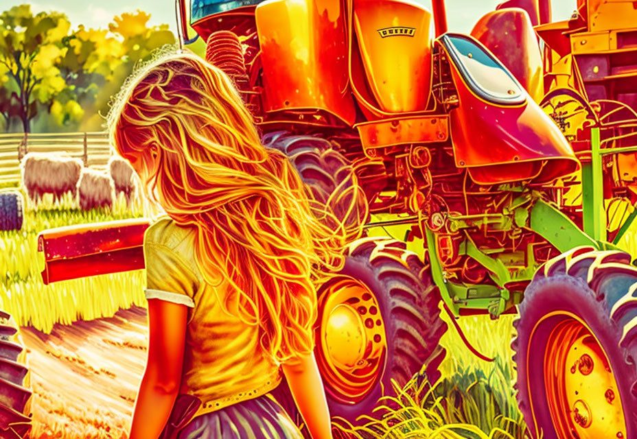 Blonde girl admires red tractor in sunny farm field