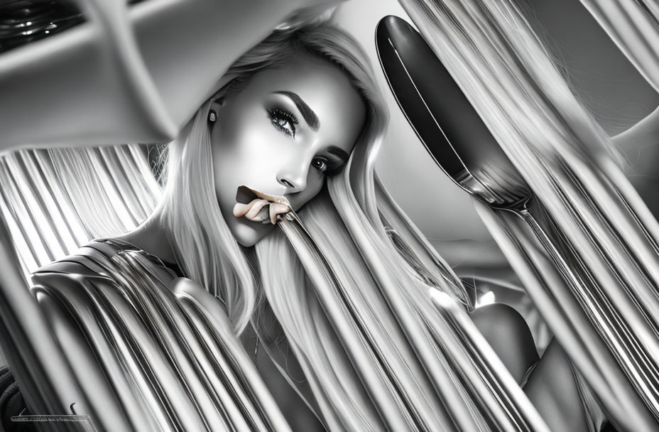 Monochrome portrait of a contemplative woman with flowing hair and abstract background.