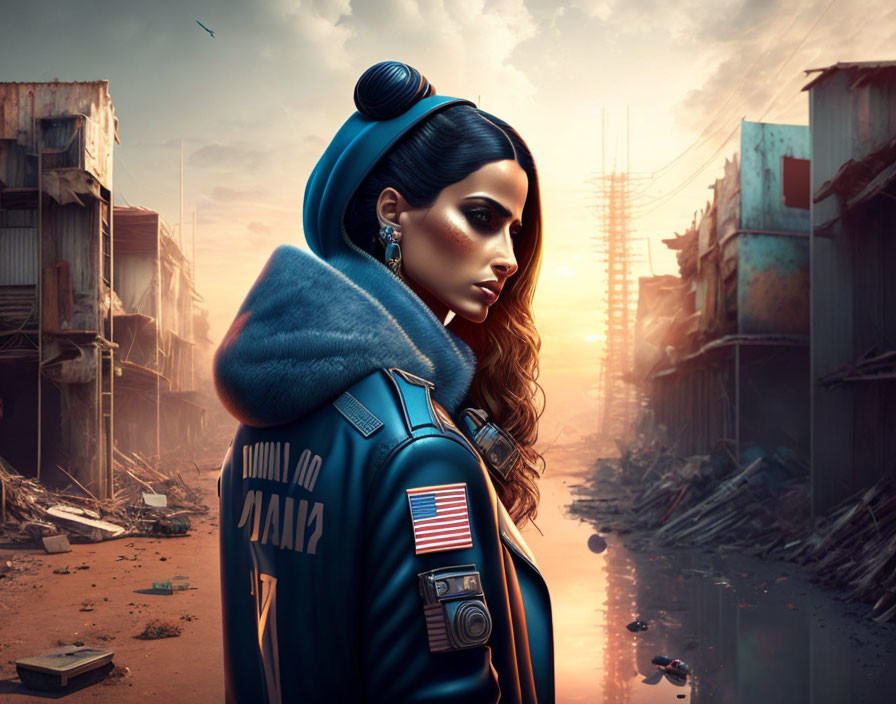 Woman in futuristic blue jacket gazes over shoulder in dystopian cityscape.