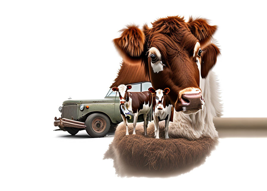 Whimsical cow head with two cows on nose and vintage car on white background