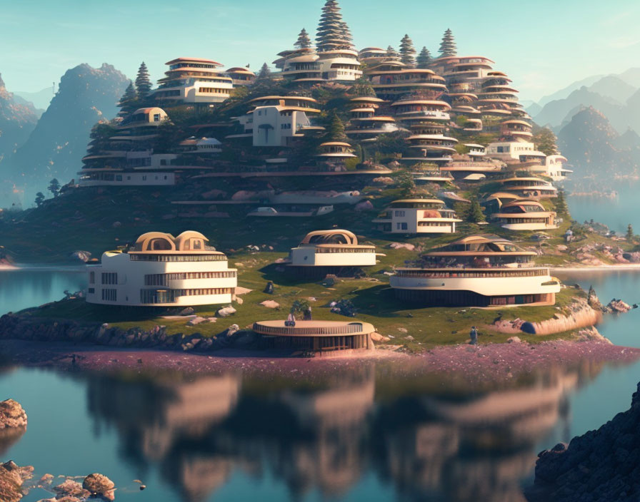 Futuristic terraced architecture with green roofs near a lake and mountains.