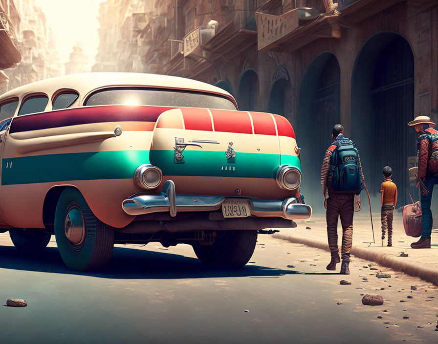 Vintage Multicolored Car & People Exploring Old Cityscape