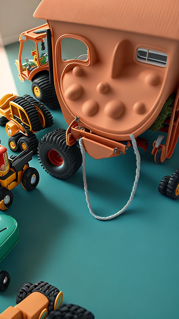 Colorful toy construction vehicles on teal background with orange bulldozer