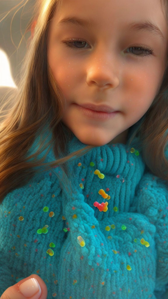 Young girl in turquoise knitted sweater with glitter decorations under sunlight