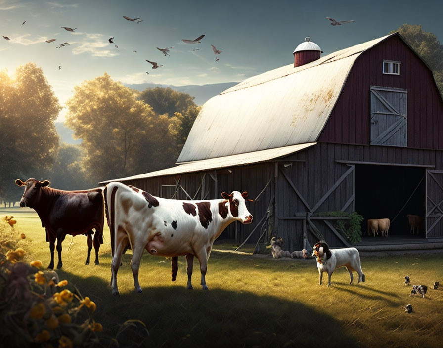 Farm scene with cows, dog, barn, birds, greenery, and sunlight.