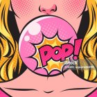 Girl blowing pink bubble gum bubble with flowers on blue background