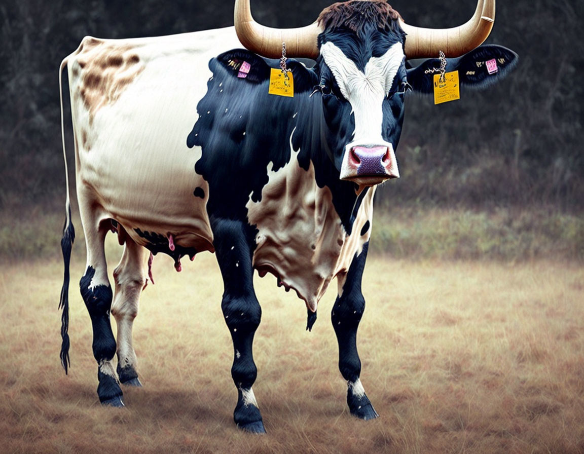 Black and white cow with horns and yellow ear tags in a field