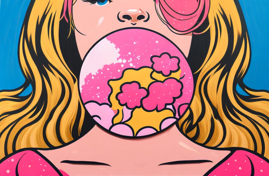 Girl blowing pink bubble gum bubble with flowers on blue background