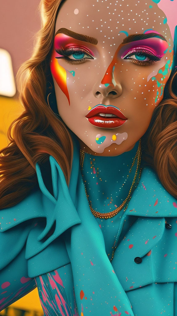 Colorful digital artwork of a woman with bold makeup and paint drips, wearing teal outfit