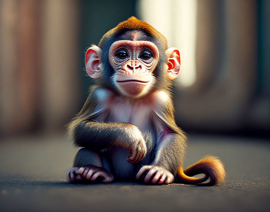 Young monkey with expressive eyes and curled tail exudes curiosity and innocence