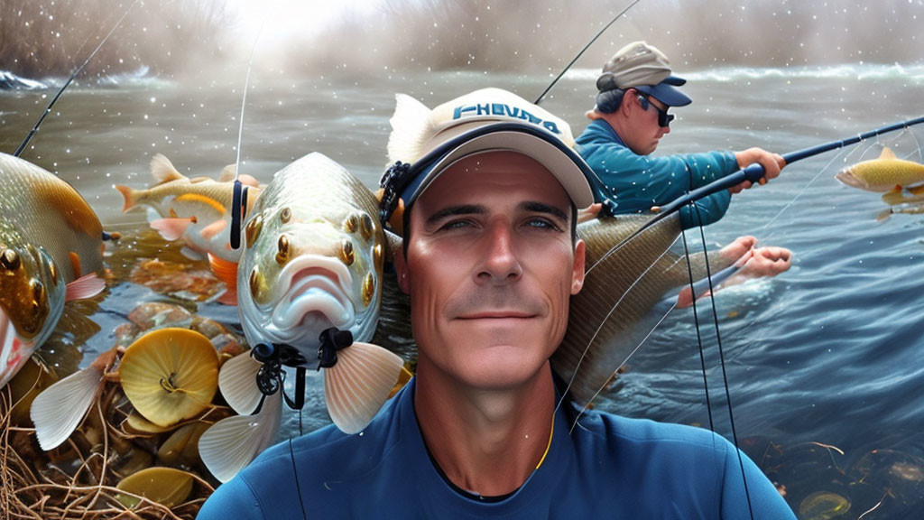 Man in Blue Shirt and Cap with Fishing Gear and Catch in Photomontage