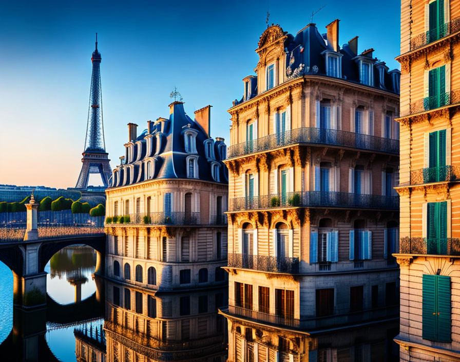 Parisian Buildings and Eiffel Tower at Sunrise with Seine River Bridge