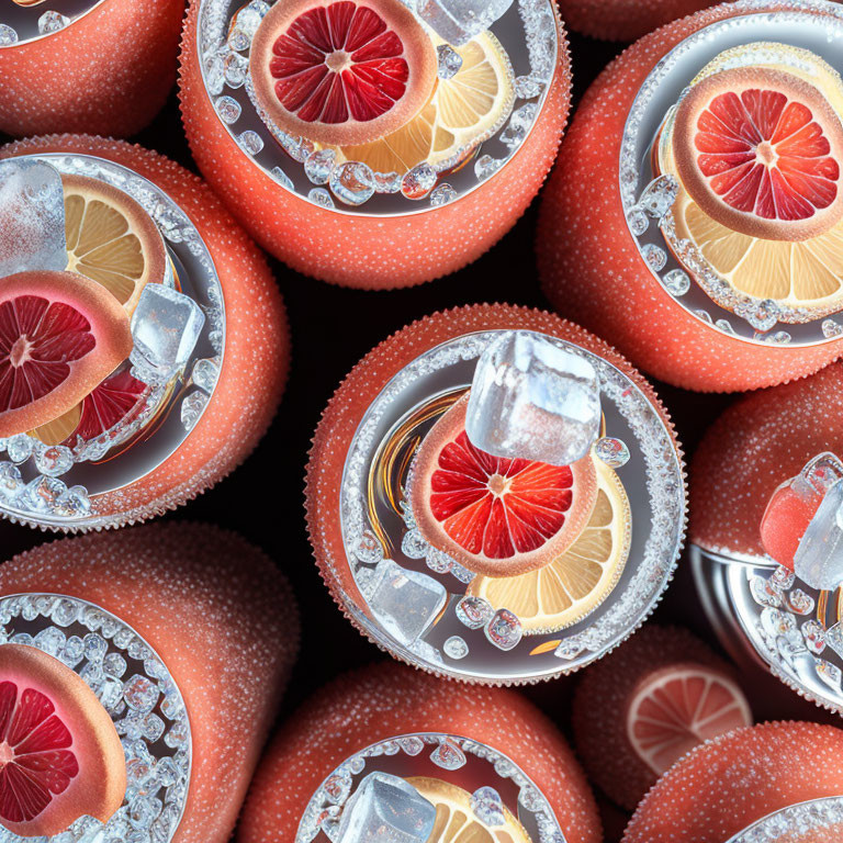 Circular Grapefruit Slice Display with Bubbles and Ice Cubes