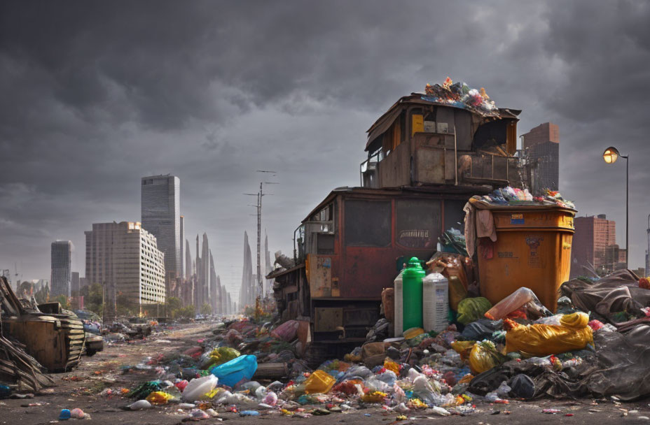 Dystopian cityscape with garbage truck, overflowing dumpsters, and stormy sky