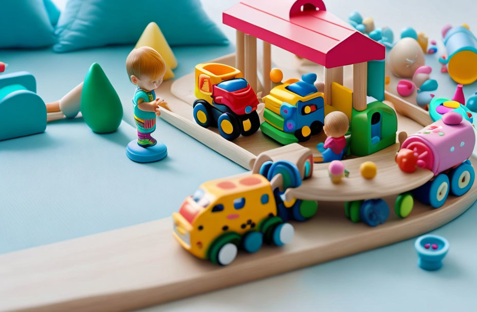 Vibrant children's toys on blue background: train, cars, trees, doll