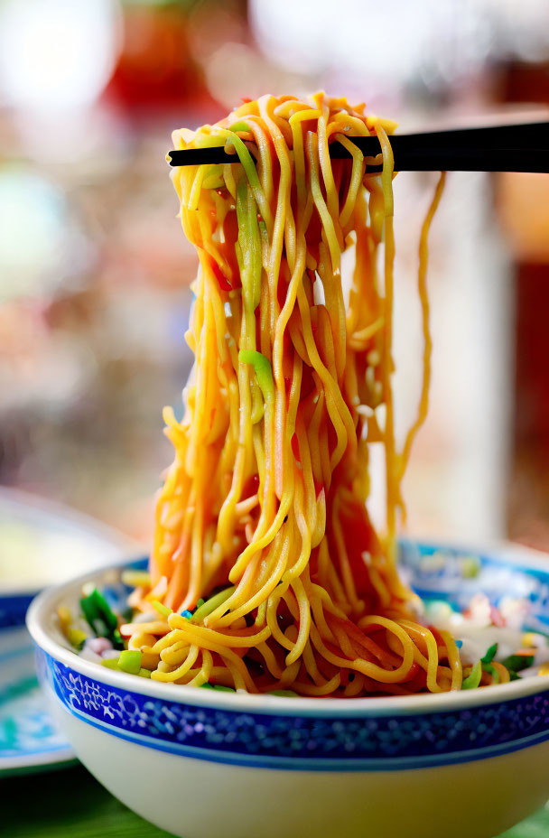 Colorful noodles and vegetables lifted by chopsticks in close-up shot