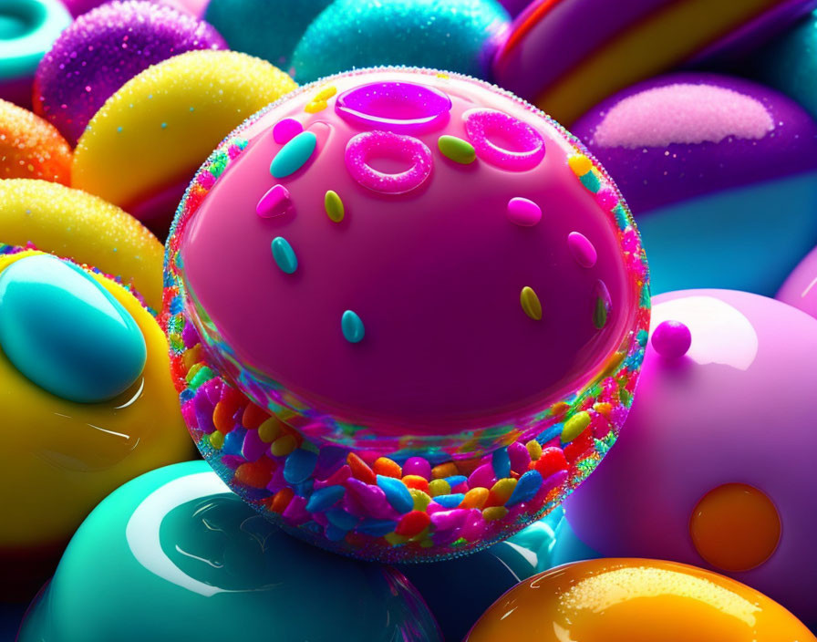 Colorful 3D spheres with textured sprinkles in whimsical scene