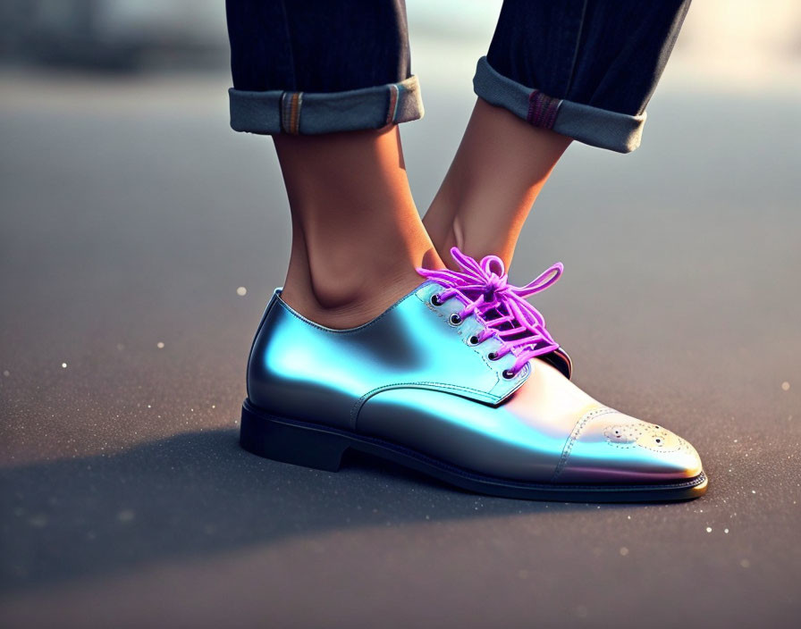 Iridescent Oxford Shoe with Mismatched Pink Laces on Asphalt